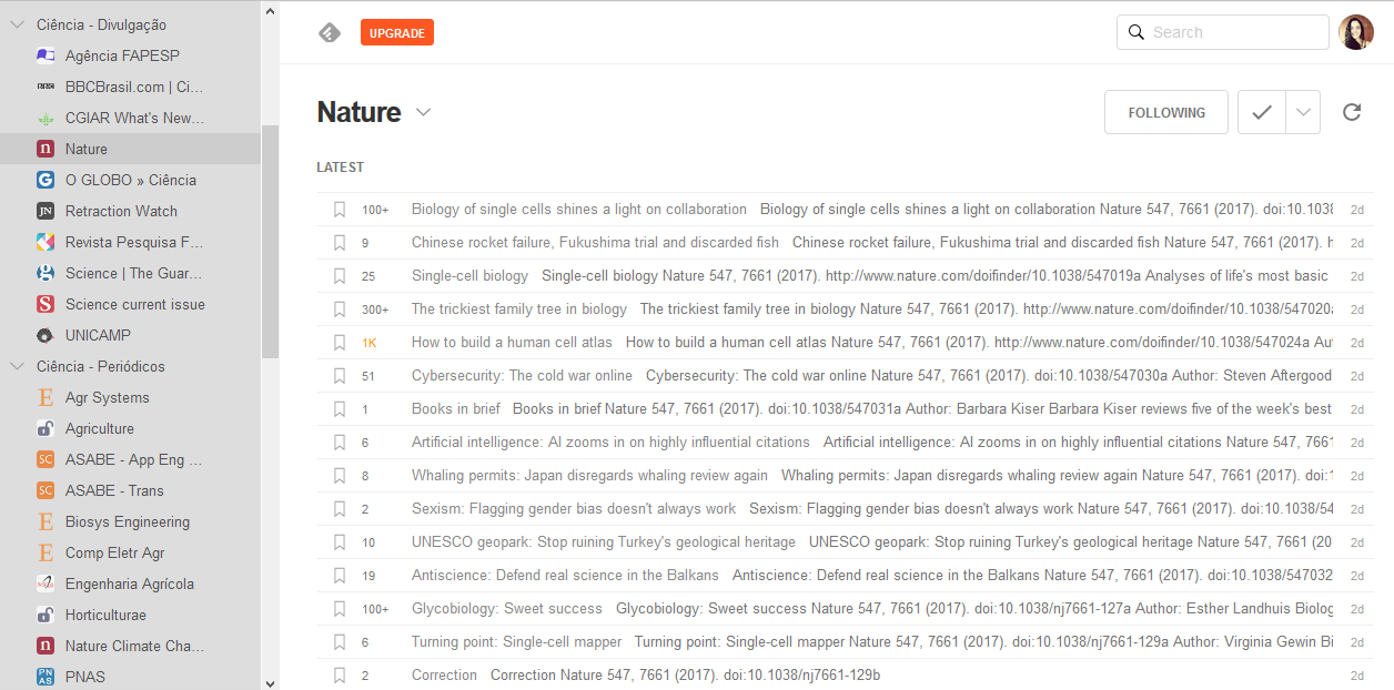 Screenshot das minhas pastas de Ciência no Feedly. Pasta selecionada referente ao feed da Nature, que está na pasta de Divulgação, ao invés da de Periódicos.