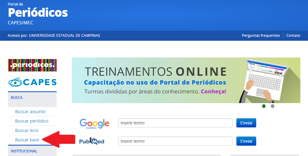 Screenshot do Portal de Periódicos Capes com seta apontando para a busca de base de dados