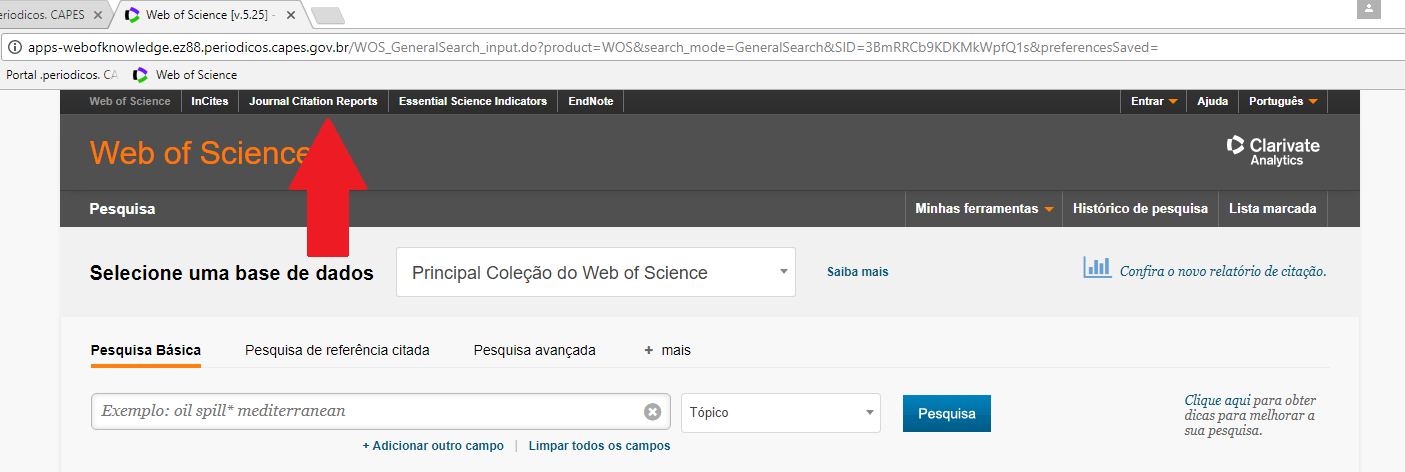 Screenshot da página do Web of Science com seta apontando para o link do Journal Citation Reports
